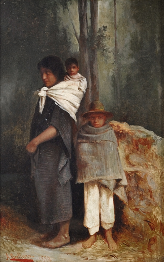 A. Orellana (Mexican School, 19th century) Pueblan Family, 1890, oil on board, signed ‘A. Orellana 1890’ lower left, 12 x 8 inches, $3,600. Image courtesy of Morton Kuehnert Auctioneers & Appraisers.